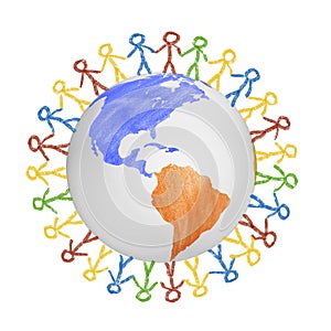 3D Globe with the view on america with drawn people holding hands. Concept for friendship, globalization, communication