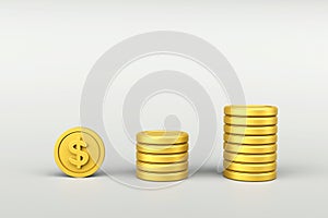 3D gold coin stack on white background. Saving and money growth concept. Financial success and growth concept. 3D rendering