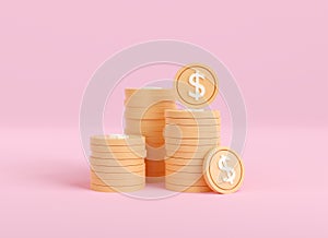 3d gold coins stack icon on pink background. business finance and investment symbol. save money online banking concept. income and