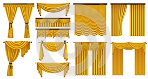 3d gold drapery open and closed curtains set, luxury retro decoration from golden silk
