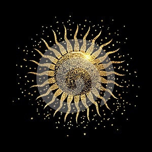 3d gold glittery beautiful luxury ornate shiny sun. Modern shine sun pattern with radial textured golden sunlights. Surface