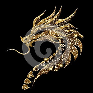 3d Gold glittery chinese dragon luxury pattern background illustration with glowing blinking, glitter. Shiny beautiful textured