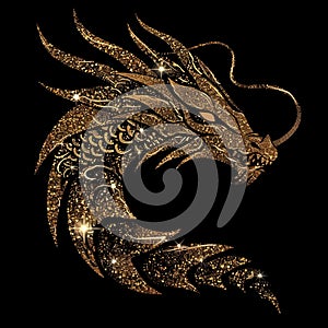 3d Gold glittery chinese dragon luxury pattern background illustration with glowing blinking, glitter. Shiny beautiful textured