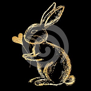 3d Gold glittery doodle lines hand drawn bunny with love heart. Golden grunge rabbit love pattern background illustration with