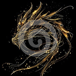 3d Gold glittery flowing lines chinese dragon luxury pattern background illustration with glowing blinking, glitter. Shiny