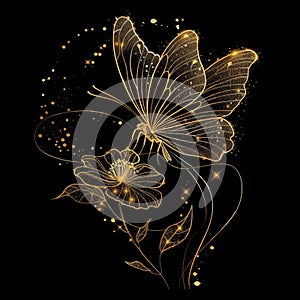 3d Gold glittery lines glowing blooming flower with butterfly. Black vector background illustration with golden line art flower,