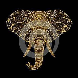 3d Gold glittery ornamental african elephant luxury pattern background illustration with glowing blinking, glitter. Shiny