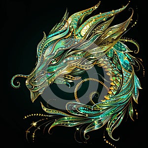 3d Gold green glittery ornamental chinese dragon head pattern background illustration with glowing blinking, glitter. Shiny