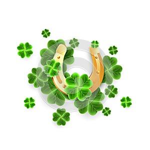 3d Gold Horseshoe and Clover Leaf icons to San Patricks Day holiday. Horse Shoe, Shamrock lucky symbols for Irish