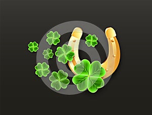 3d Gold Horseshoe and Clover Leaf icons to San Patricks Day holiday. Horse Shoe, Shamrock lucky symbols for Irish