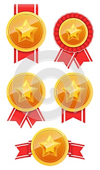 3D Gold medal with star and red ribbon. Winner award icon. Best choice badge set. Vector illustration