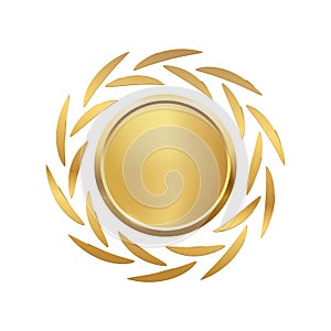 3d gold medallion and circular decoration from laurel leaves vector illustration. Realistic golden round award vip