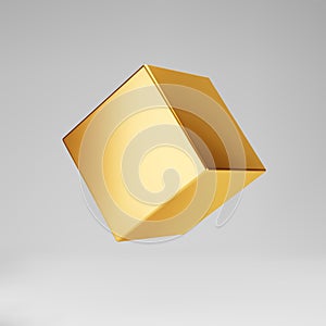 3d gold metallic cube isolated on grey background. Render a rotating glossy golden 3d box model in perspective with