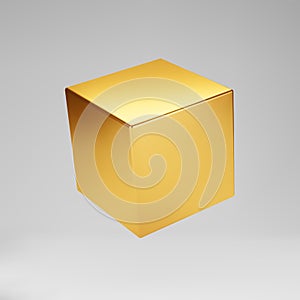 3d gold metallic cube isolated on grey background. Render a rotating glossy golden 3d box model in perspective with