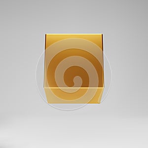3d gold metallic cube isolated on grey background. Render a rotating glossy golden 3d box model in perspective with