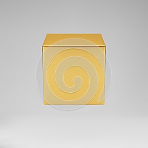 3d gold metallic cube isolated on grey background. Render a rotating glossy golden 3d box model in perspective with