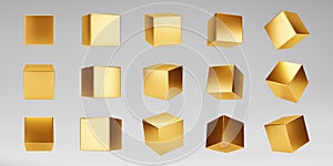 3d gold metallic cubes set isolated on grey background. Render a rotating glossy golden 3d box model with different