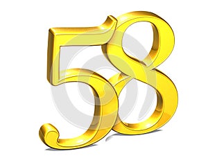 3D Gold Number fifty-eight on white background