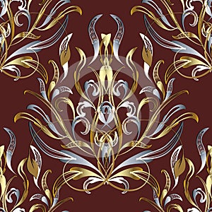 3d gold silver damask seamless pattern. Dark red vector floral b