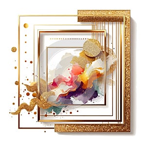 3d Gold square frames with colorful watercolor splash splatter stain brush strokes gold glitters circles painting pattern on white