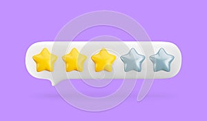 3d gold three stars out of five in white speech bubble. Realistic render of customer review, rating, feedback concept