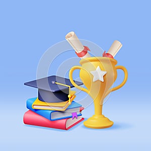 3D Gold Trophy, Books Stack and Graduation Cap
