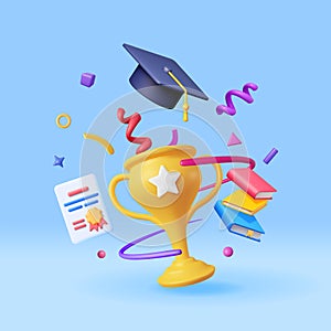 3D Gold Trophy, Books Stack and Graduation Cap
