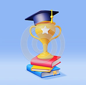 3D Gold Trophy, Books Stack and Graduation Cap