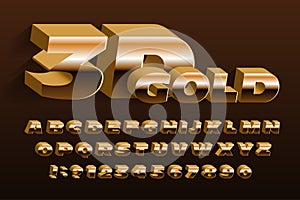 3D gold typeface font. Golden effect wide letters and numbers. Uppercase letters.