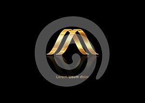 3d golden abstract letter M gold luxury business logo, metal company name vector isolated on black background
