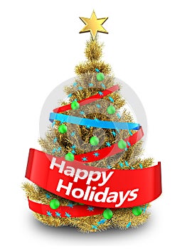 3d golden Christmas tree with happy holidays sign