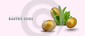 3D golden Easter eggs in green grass. Luxurious gift for spring holiday