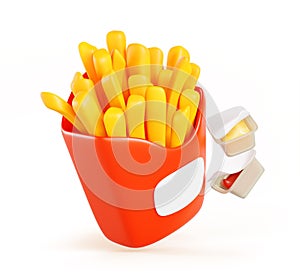 3d golden french fries in red paper box, ketchup and cheese sauce in plastic packaging flying on white background. Fast