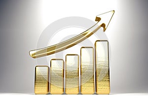 3D golden growth bar chart with ascending arrow