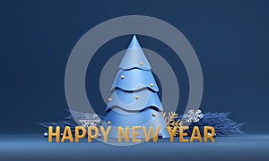 3D Golden Happy New Year Text With Xmas Tree, Snowflakes And Fir Leaves On Blue