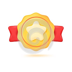 3D golden medal. Gold medal with achievement star with red ribbon The concept of winning sports championships. 3D Vector