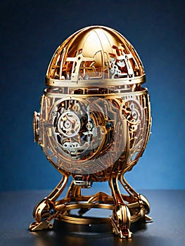 3d Golden metal egg with gears and cogwheels on a dark blue background