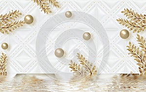 3d golden mural background with flowers , pearl , Jewelery , circles and butterfly . marble and capitone wallpaper