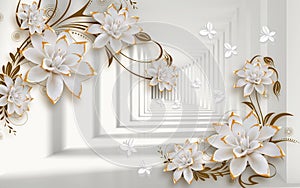 3d golden mural background with flowers , pearl , Jewelery , circles and butterfly . marble and capitone wallpaper