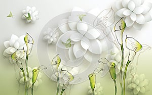 3d golden mural background with flowers , pearl , Jewelery , circles and butterfly . marble and capitone wallpaper