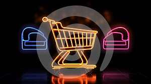 3D Golden neon shopping cart on dark Background Modern e Commerce Concept AI generated