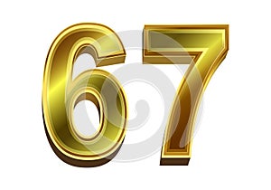 3d golden number 67  isolated on white background