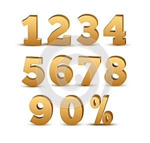 3d golden numbers set. Vector font 3d gold text logo luxury metal alphabet