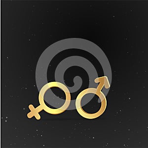 3d golden realistic gender women and man symbols, with flying geometric figures creative design of female and male metallic signs