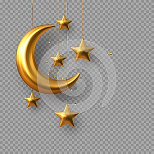 3d golden reflective crescent moons and stars.