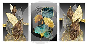 3d golden, turquoise, brown tree leaves on modern black gray background. wall frame home decor.