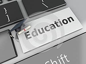 3d graduation cap and diploma on computer keyboard.
