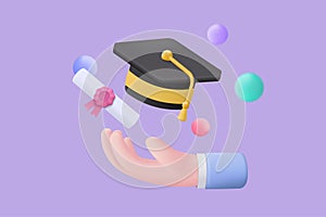 3D graduation of university, college for student concept. graduation hat and diploma cartoon style with bubble background. 3d