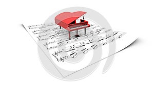 3D grand piano model on a partition sheet