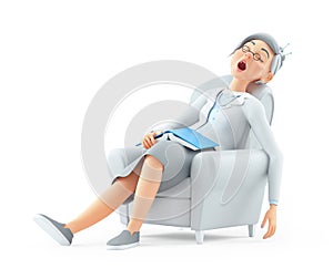 3d granny sleeping in armchair after reading book